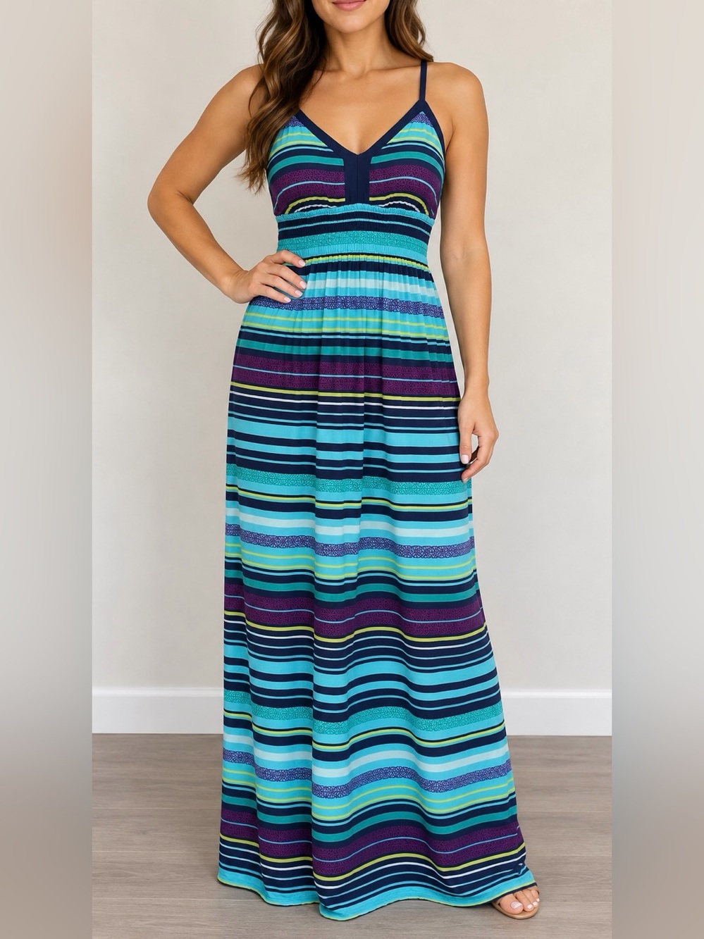 Athleta S Striped Maxi Dress Built-In Bra Pockets Removable Pads Boho Sundress